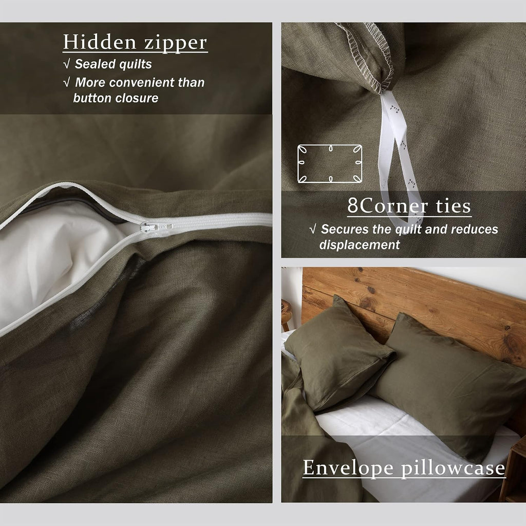 XZ XIFA Olive Green 100% Linen Queen Size Bedding Set, Cooling Duvet Cover with Natural Washed French Flax，Soft,Breathable,Textured,Fluffy Duvet Cover (1 Duvet Cover,2 Pillow Shams)