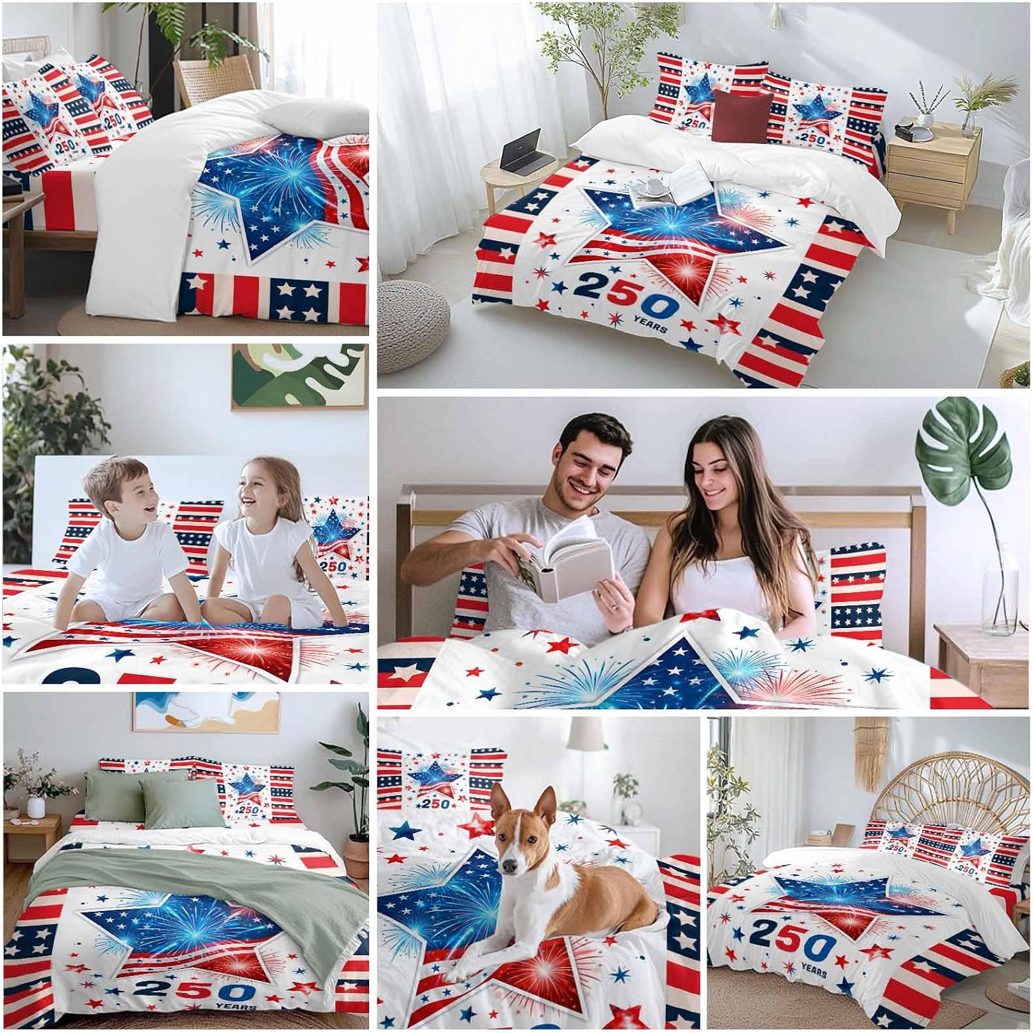 Independence Day Duvet Cover Set Queen Size 4 Pieces 250th Years US Flag Red Blue Star Fireworks Bedding Set with Zipper Closure, 1 Comforter Cover 92x106 Inches 1 Flat Sheet & 2 Pillow Cases