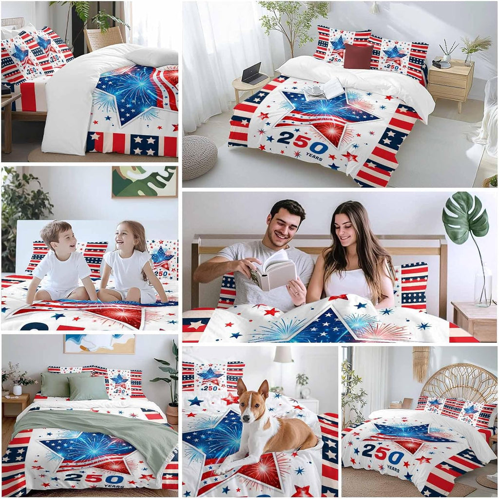 Independence Day Duvet Cover Set Queen Size 4 Pieces 250th Years US Flag Red Blue Star Fireworks Bedding Set with Zipper Closure, 1 Comforter Cover 86x86 Inches 1 Flat Sheet & 2 Pillow Cases