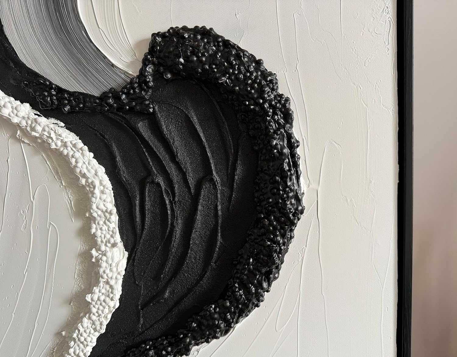 Boiee Art,24x36Inch Abstract Hand Painted Textured Ocean Wave Art on Canvas Minimalist Oil Painting Vertical Modern Black Simply White Framed Artwork