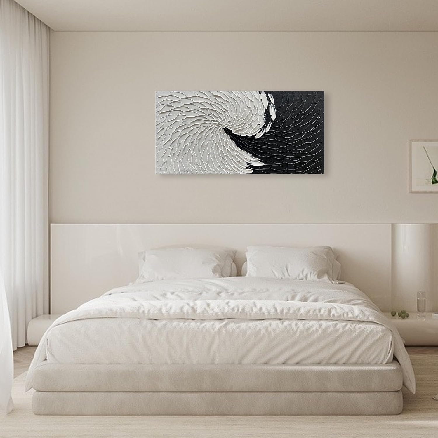 NANKAI Art Hand Painted Black and White Minimalist Oil Painting Modern Abstract Art Home Wall Decoration Painting 24x48 inches