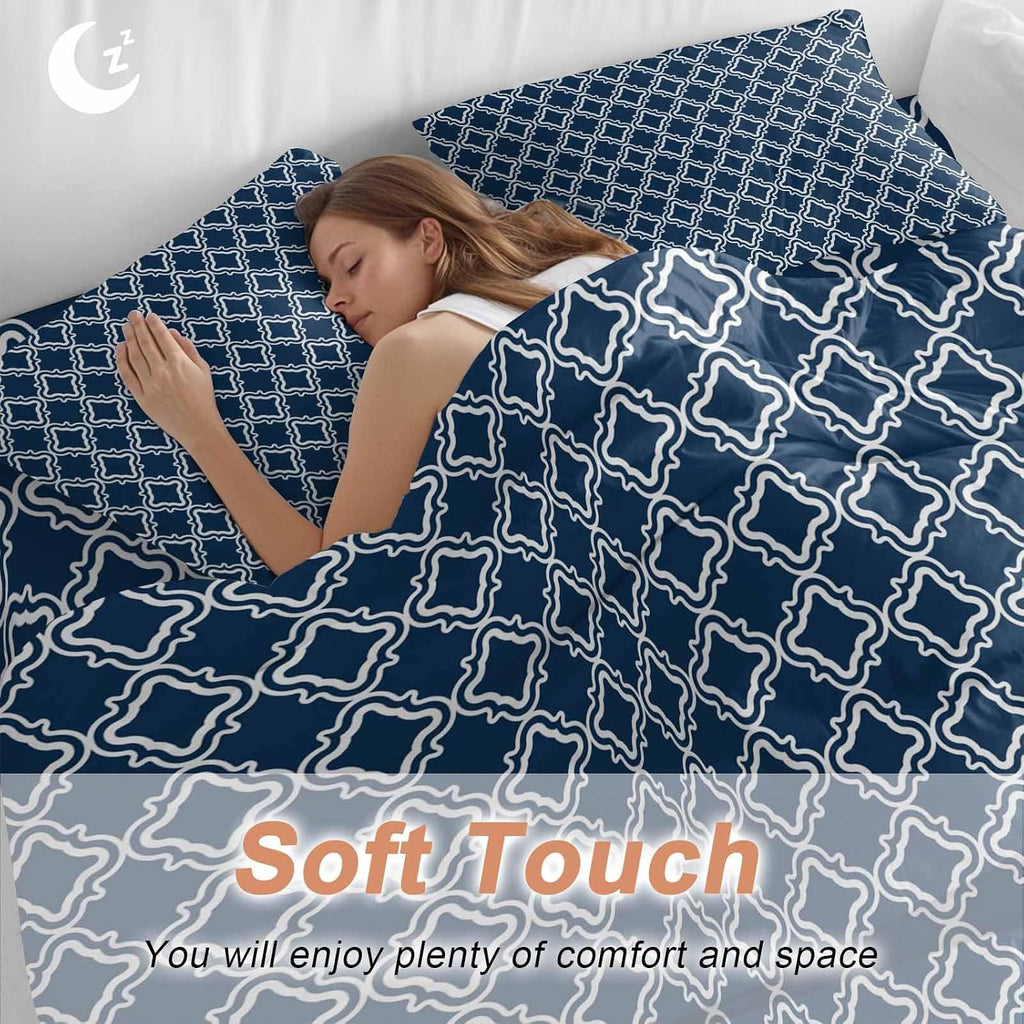 Prime Leader Blue White Plaid Duvet Cover Set Queen Size 4 Pieces Abstract Blue Morocco Texture Bedding Set with Zipper Closure, 1 Comforter Cover 90x92 Inches 1 Flat Sheet & 2 Pillow Cases