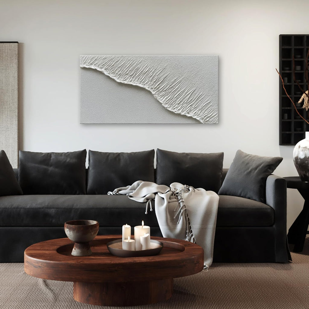 NANKAI Art Hand-Painted White Wave Texture Abstract Art Contemporary Minimalist Canvas Oil Painting, Home Living Room Corridor Wall Decoration Art, 24x48 inches