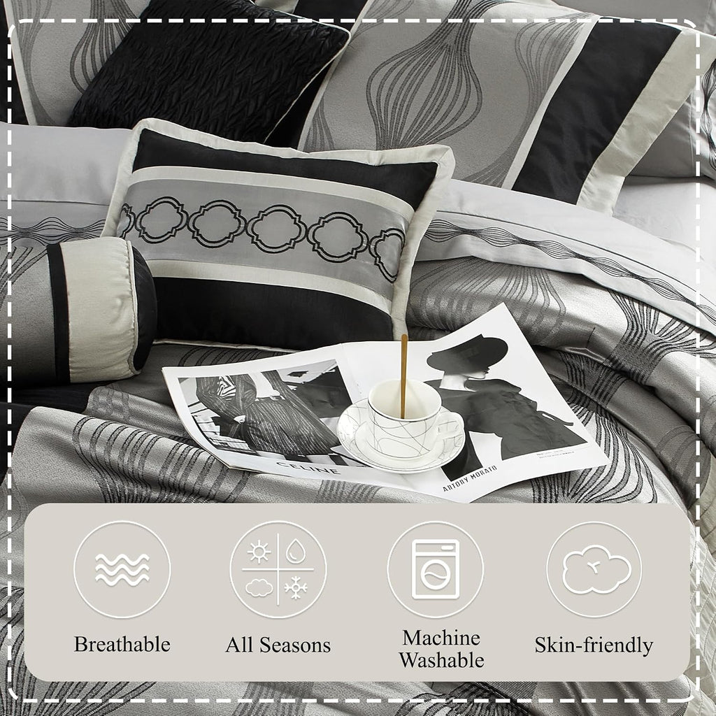 Stratford Park Elegant Black and Silver Comforter Set Queen Size, 7 Pieces Bedding & Collection, Jacquard All Season Comforter & Pillows, Ultra-Soft Microfiber