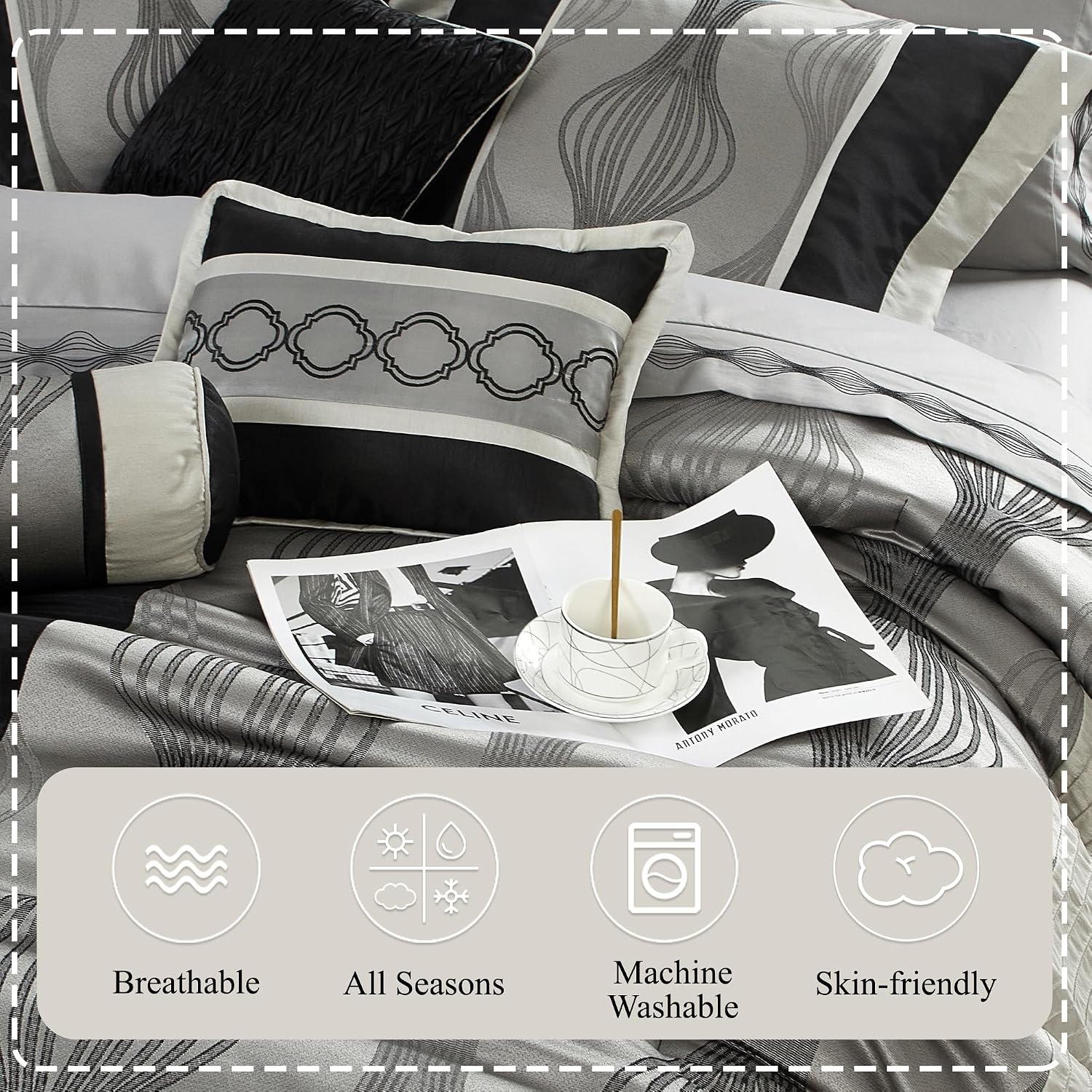 Stratford Park Elegant Black and Silver Comforter Set Queen Size, 7 Pieces Bedding & Collection, Jacquard All Season Comforter & Pillows, Ultra-Soft Microfiber