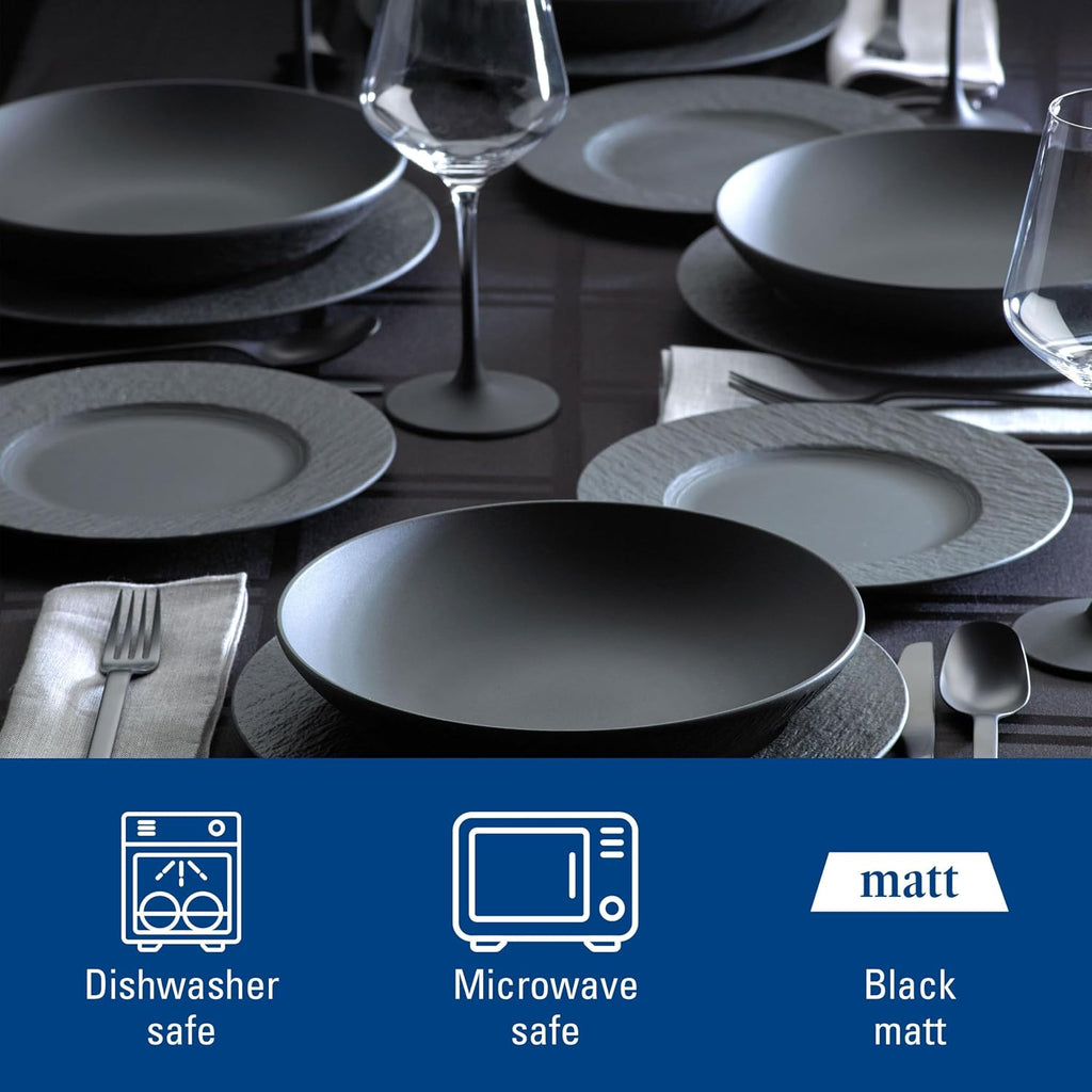 Villeroy & Boch Manufacture Rock 12-Piece Dinnerware Set, Service for 4, Dinner Plates, Salad Plates & Pasta Bowls, Premium Porcelain, Made in Germany, Matte Black