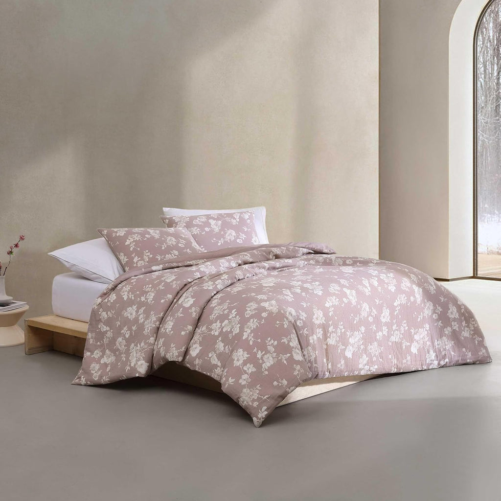 Calvin Klein - Queen Duvet Cover Set, 100% Soft Cotton Gauze Bedding, Button Closure & Inner Corner Ties, 3 Piece Bed Set with Matching Pillowcases (Eternity Floral Pink)