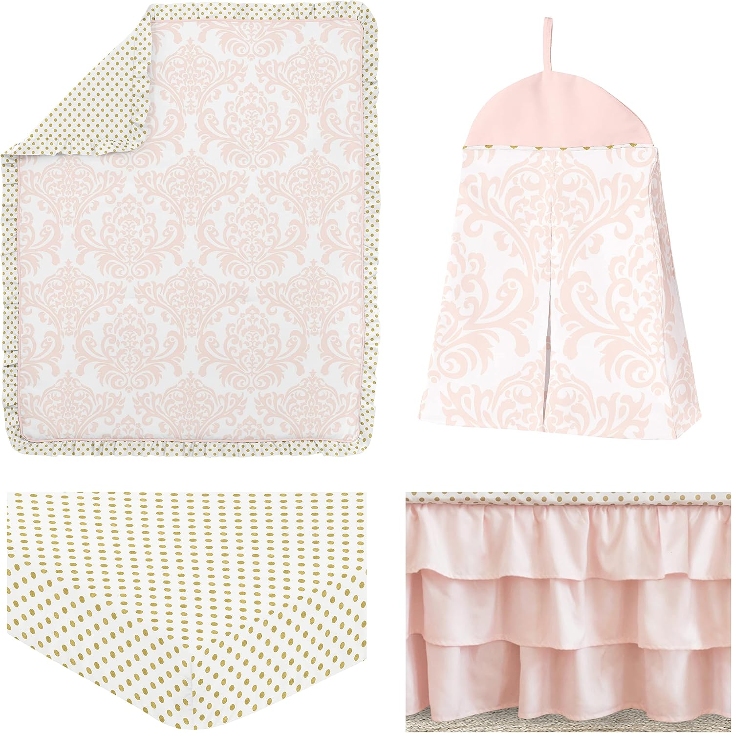 Sweet Jojo Designs Blush Pink White Damask and Gold Polka Dot Amelia Girl Baby Bedding 4 Piece Crib Set