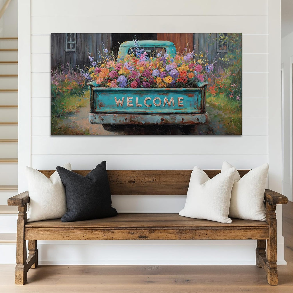 TIMUBA Country Farmhouse Truck Wall Art, Spring Farmhouse Canvas Art Prints, Welcome Sign Blue Retro Truck Pictures Wall Decor, Colorful Rustic Spring Flower Painting Artwork for Bedroom 60x30 Inches