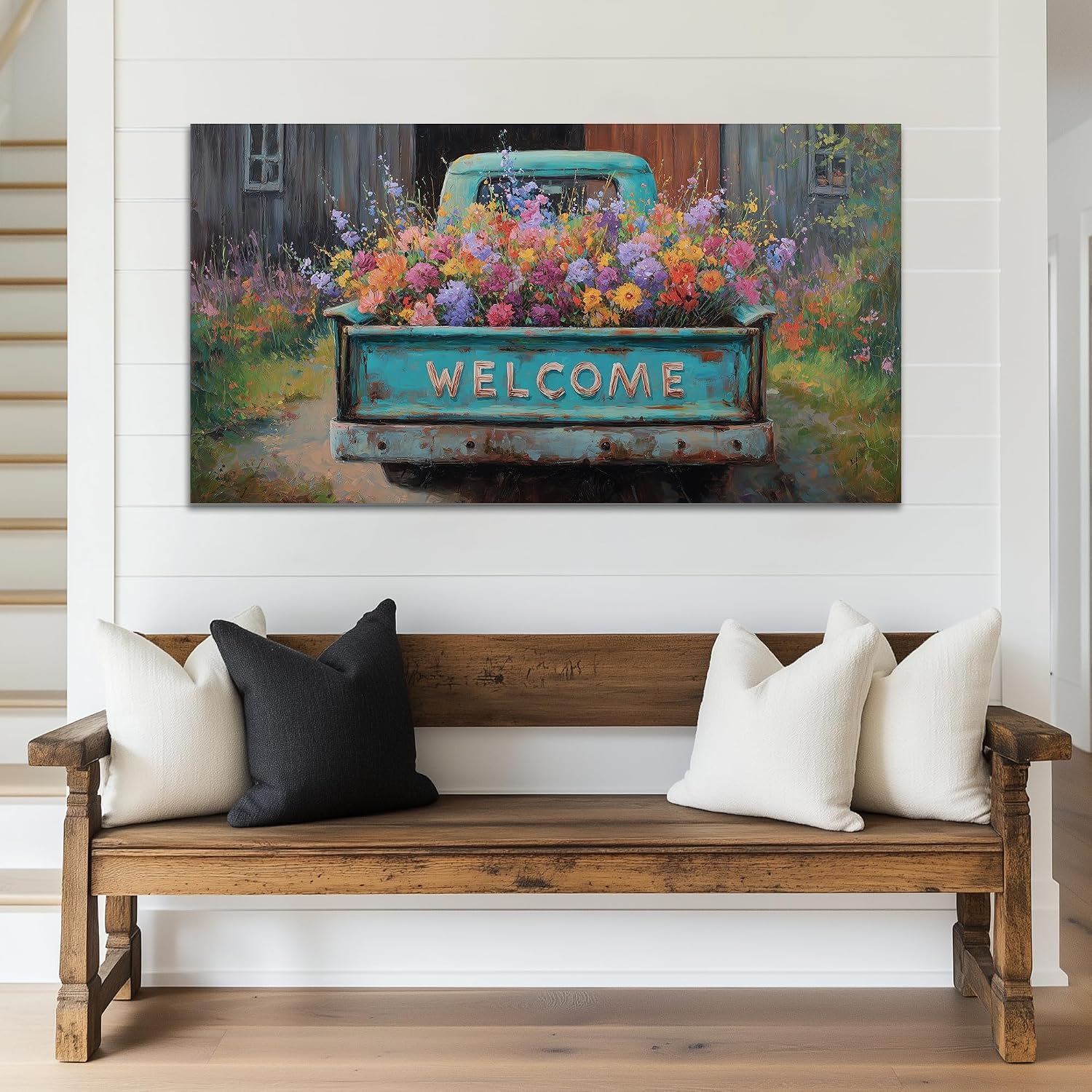 TIMUBA Country Farmhouse Truck Wall Art, Spring Farmhouse Canvas Art Prints, Welcome Sign Blue Retro Truck Pictures Wall Decor, Colorful Rustic Spring Flower Painting Artwork for Bedroom 60x30 Inches
