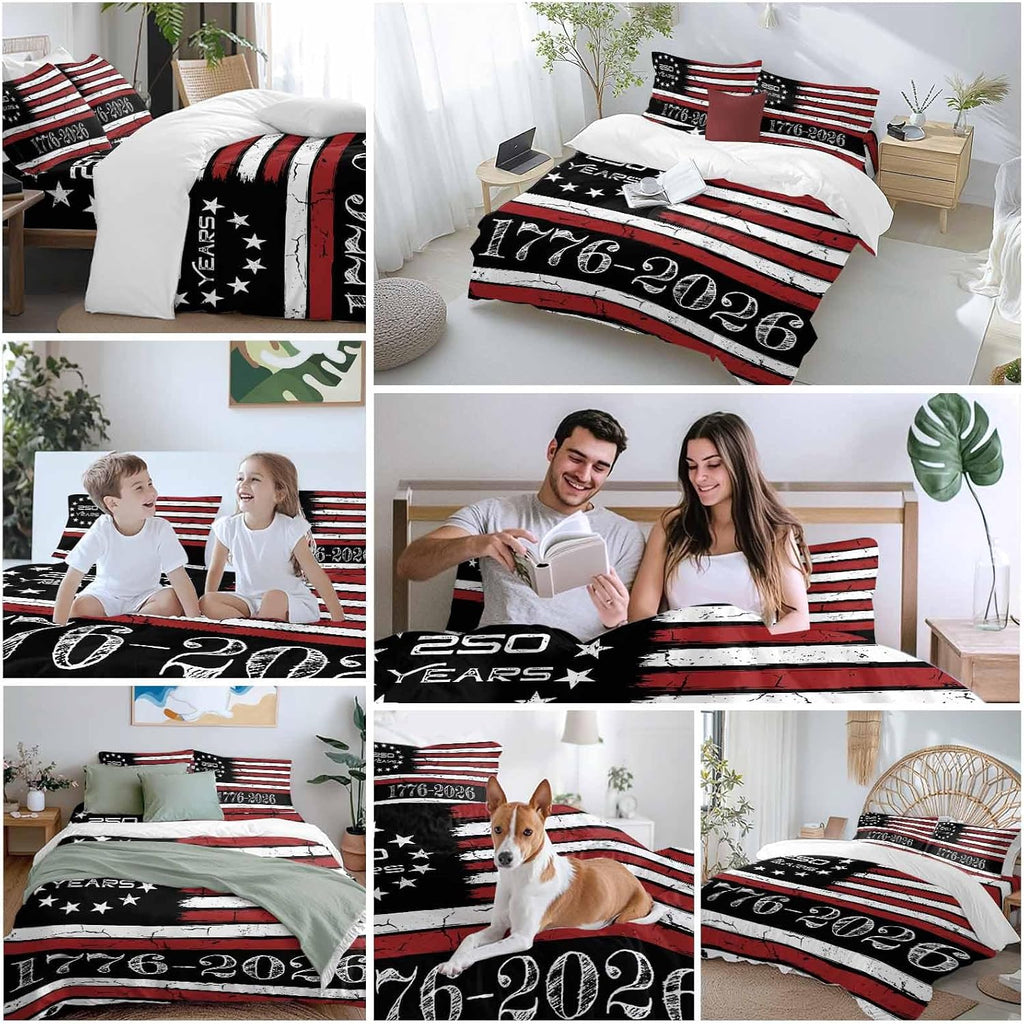 4th of July Duvet Cover Set Queen Size 4 Pieces 250 Years Independence Day Red Black USA Flag Stripe Bedding Set with Zipper Closure, 1 Comforter Cover 92x106 Inches 1 Flat Sheet & 2 Pillow Cases