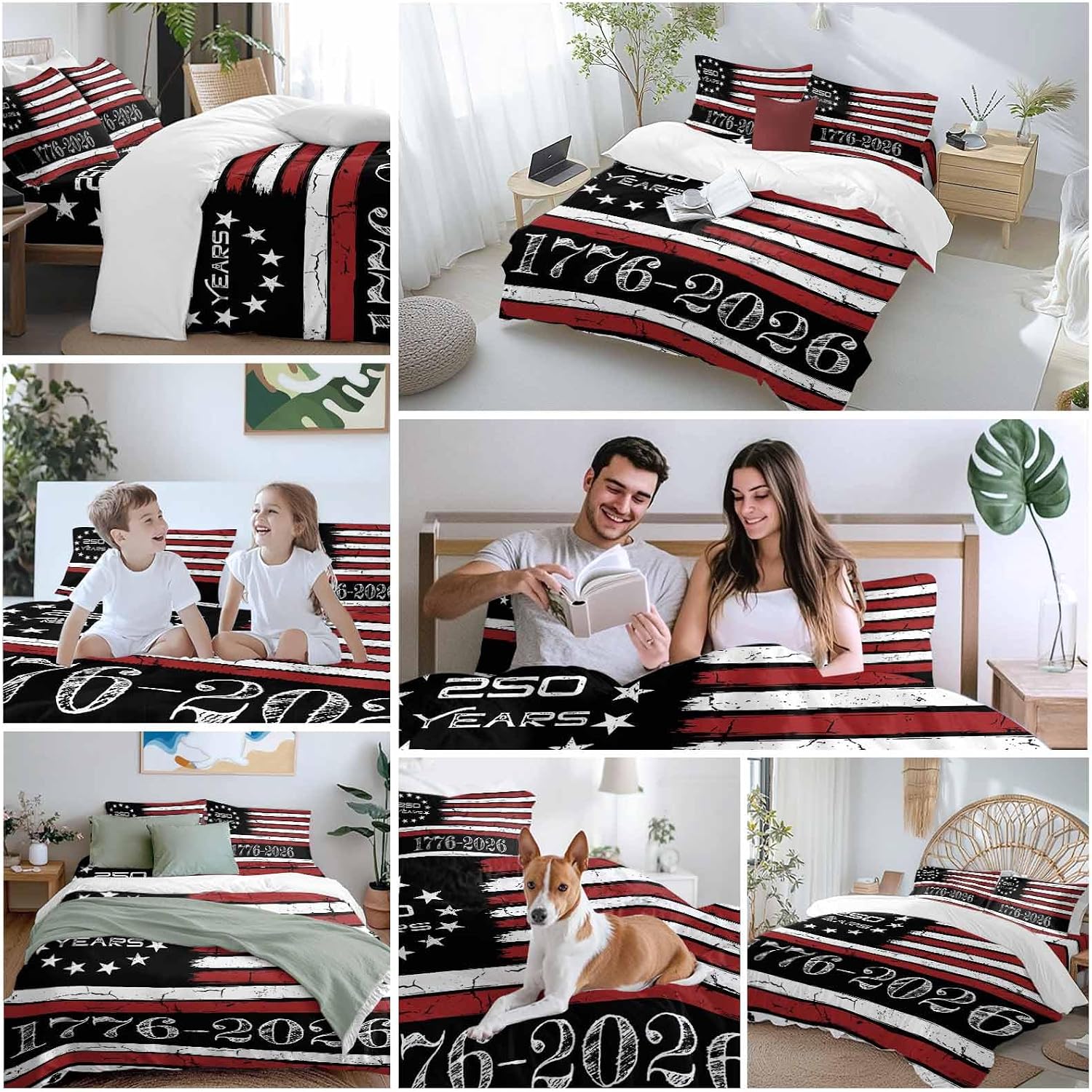 4th of July Duvet Cover Set Queen Size 4 Pieces 250 Years Independence Day Red Black USA Flag Stripe Bedding Set with Zipper Closure, 1 Comforter Cover 92x106 Inches 1 Flat Sheet & 2 Pillow Cases