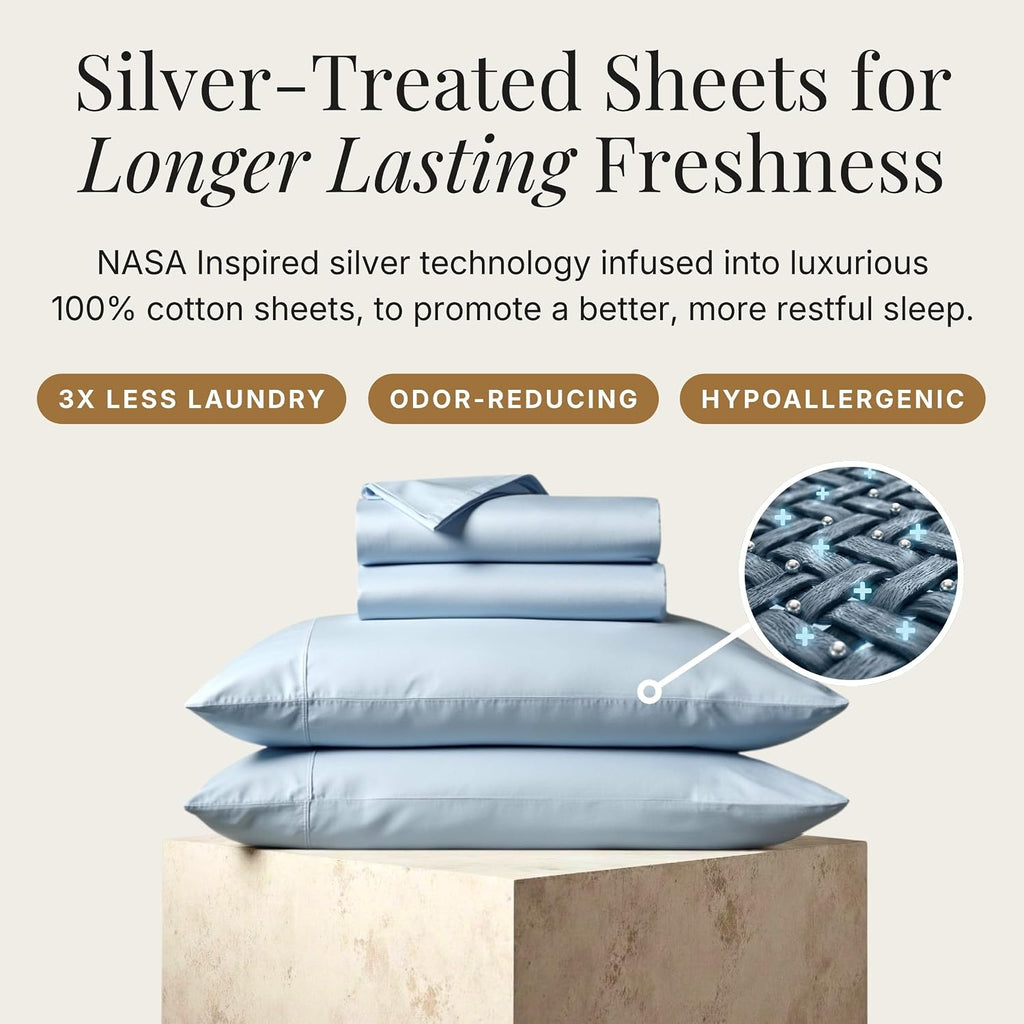Miracle Made Breathable 100% Cotton Bed Sheet Set, 4-Piece Cooling Sheets, Silver-Infused Fabric for Freshness Between Washes, Lightweight Bedding for Hot Sleepers (Queen Size, Sky Blue)