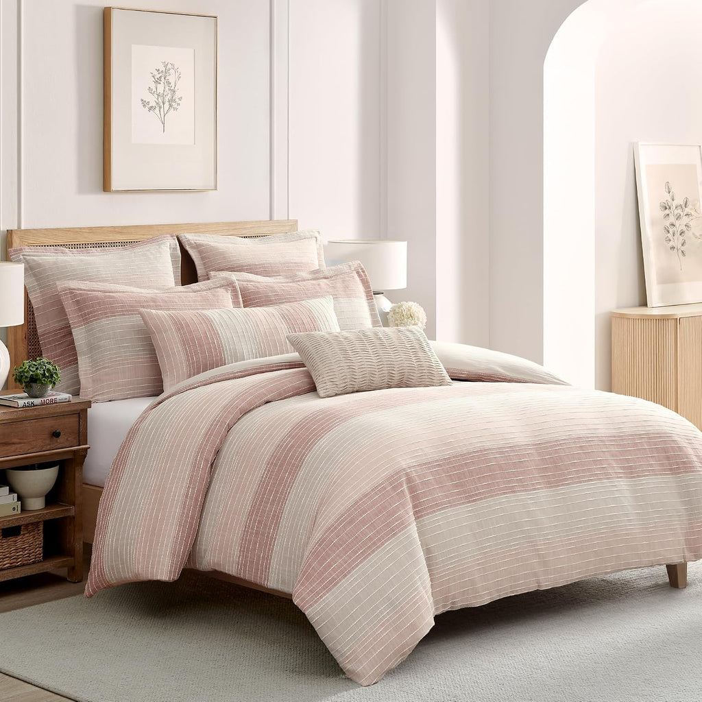 Levtex Home Sand Stripes Blush Full/Queen Comforter Set (90x94in) with 2 Pillowcases (26x20in) - Woven Jacquard Stripe - Pink, Dusty Rose, Cream, White - Cotton Full/Queen Size Comforter Set - Soft