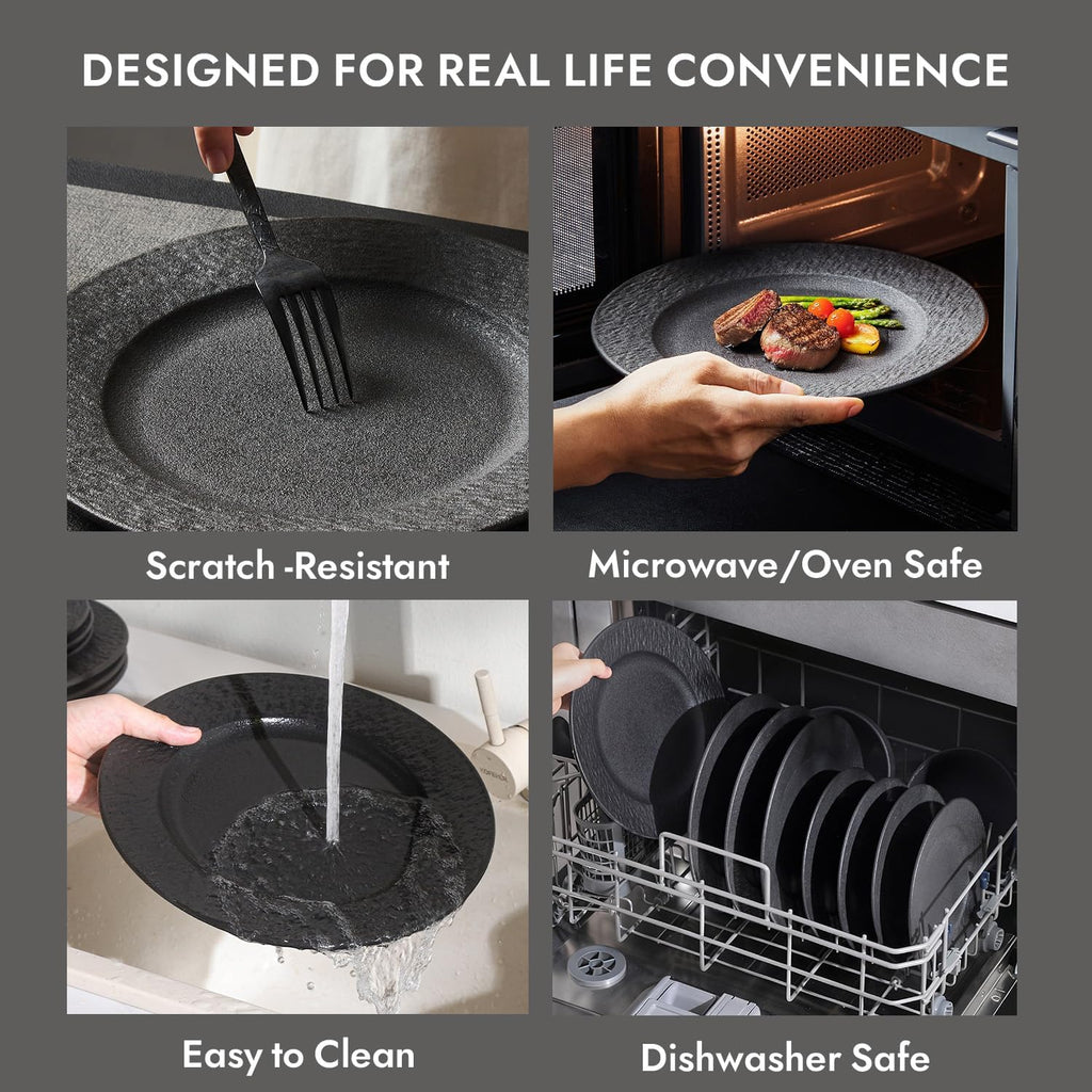 KINGSTONE Black Dinnerware Sets, 12-Piece Matte Marble Pattern Premium Porcelain, Place Setting with Dinner Plate, Salad Plate, Pasta Bowl, Microwave and Dishwasher Safe