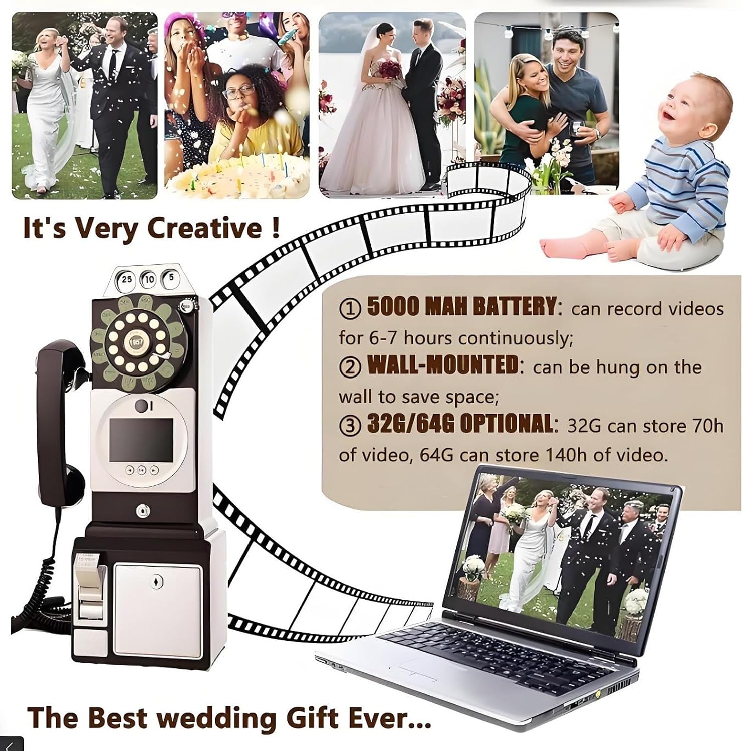 1080p Video Guestbook Wedding Phone,Wedding Phone Guestbook with Lens Recording,32G Memory Card,Retro 1960's Style Audio Guest Book,Creative Wedding Decorations(Black)