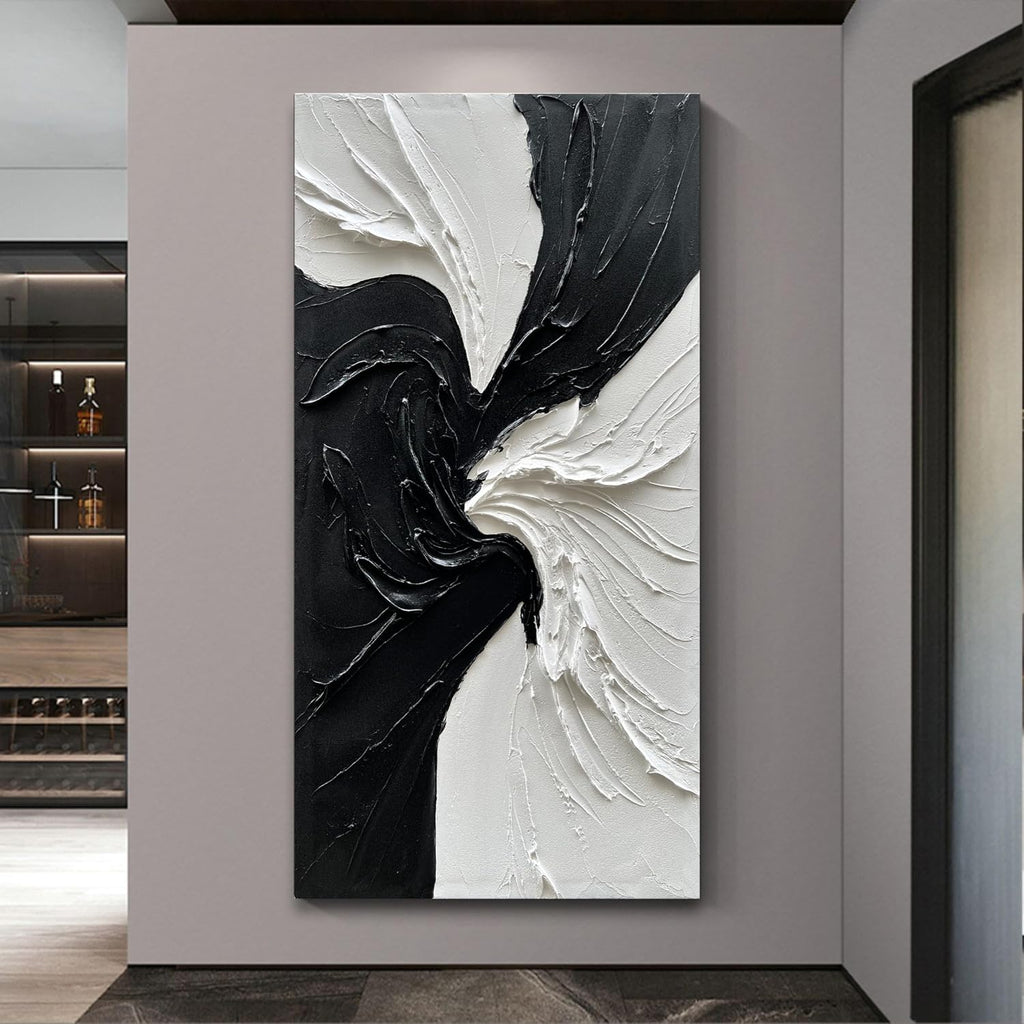 Art Hand-Painted White and Black Texture Abstract Art Oil Painting Modern Minimalist Art Painter Living Office Corridor Wall Art Deco 48x24 inches
