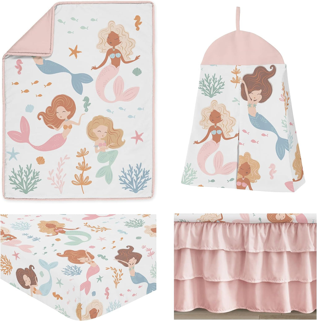 Sweet Jojo Designs Ocean Mermaids Girl Baby Crib Bedding Set Nursery Room Blanket Fitted Sheet Skirt Diaper Stacker 4p Pink Teal Under the Sea Underwater Theme Fairytale Fish Colorful Coral Reef Blue
