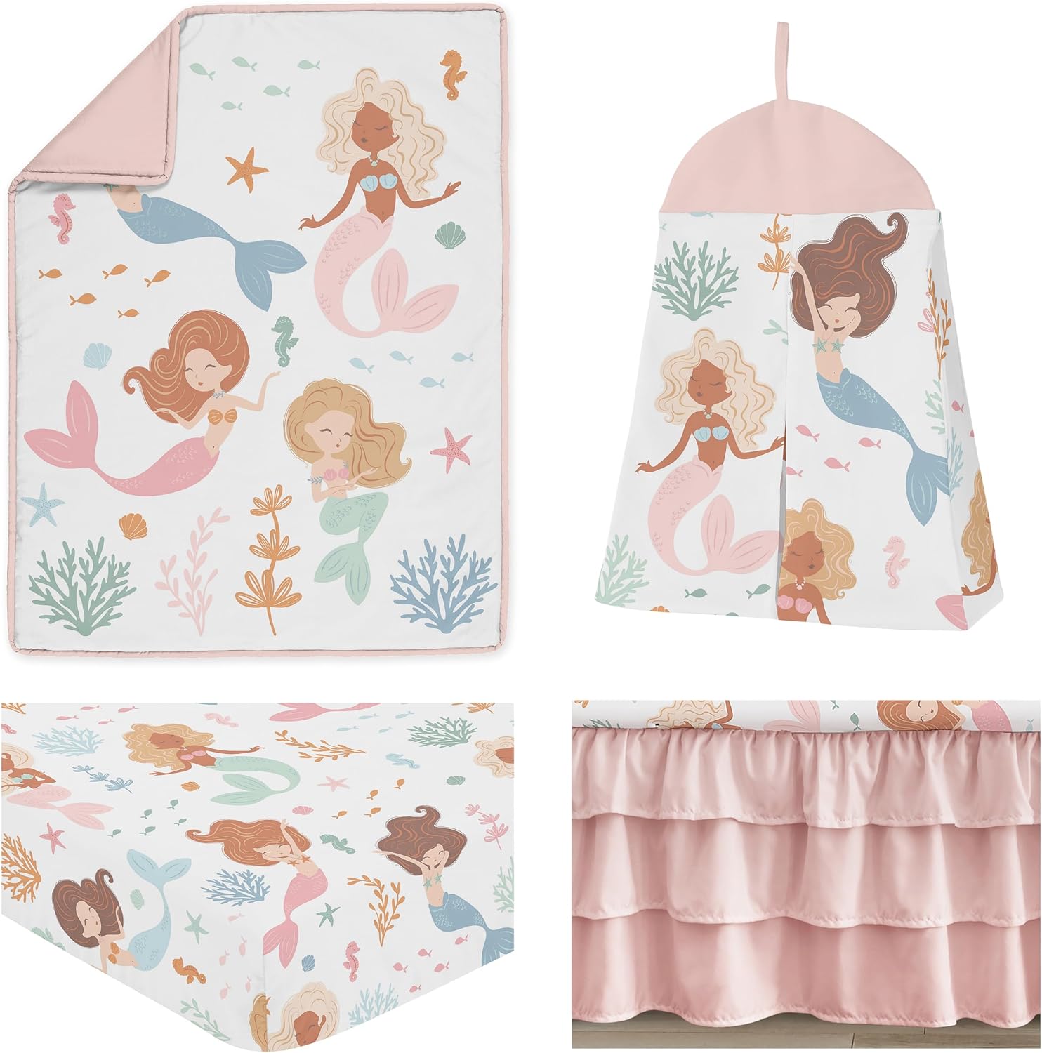 Sweet Jojo Designs Ocean Mermaids Girl Baby Crib Bedding Set Nursery Room Blanket Fitted Sheet Skirt Diaper Stacker 4p Pink Teal Under the Sea Underwater Theme Fairytale Fish Colorful Coral Reef Blue