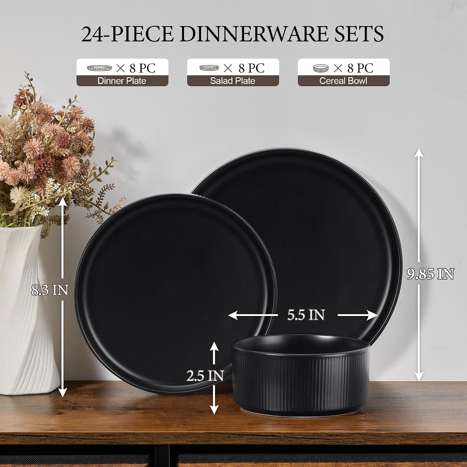 E-far 24-Piece Stoneware Dinnerware Sets, Plates and Bowls Sets for 8, Kitchen Dinning Porcelain Ribbed Dishes Set, Chip & Scratch Resistant, Dishwasher & Microwave Safe, Matte Black