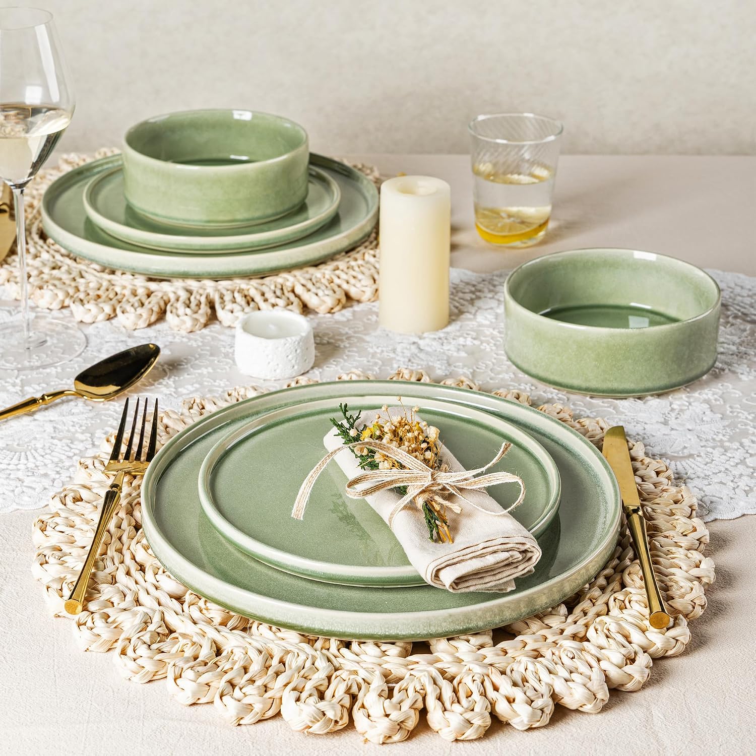 AmorArc Ceramic Dinnerware Sets, Handmade Reactive Glaze Stoneware Plates and Bowls Sets,Highly Chip and Crack Resistant | Dishwasher & Microwave Safe Dishes Set, Service for 8 (24pc)