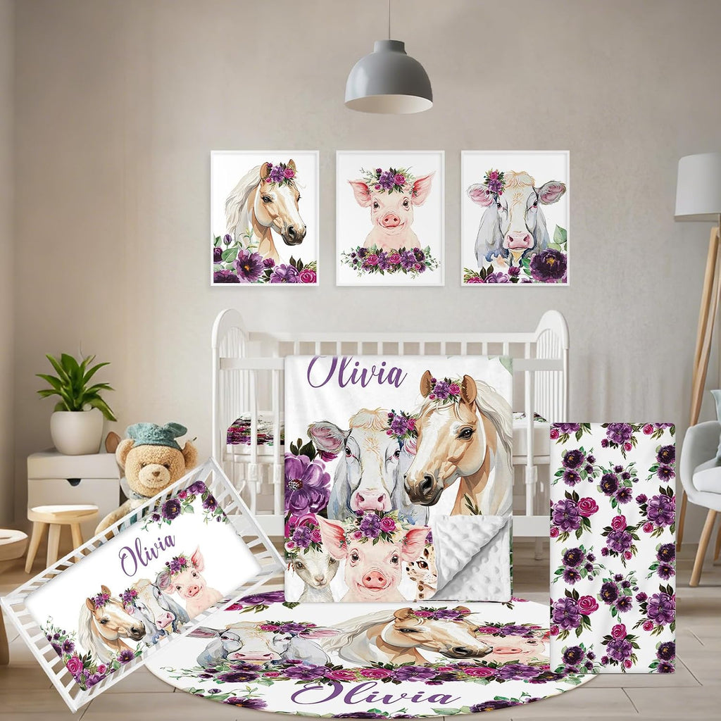 Terwex Custom Baby Crib Bedding Set, 5 Pcs Personalized Name Baby Crib Sets for Infant Toddler, Floral Horse Nursery Bedding Set for Baby Girls, Double Layer Baby Bedding Sets, Gifts for New Parents