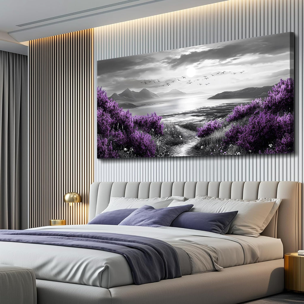 FUHAIHUA Canvas Wall Decor for Office Large Wall Art for Living Room Modern Bedroom Wall Decoration Purple Flowers Landscape Pictures Black and White Scenery Paintings Artwork Aesthetic Home Decor