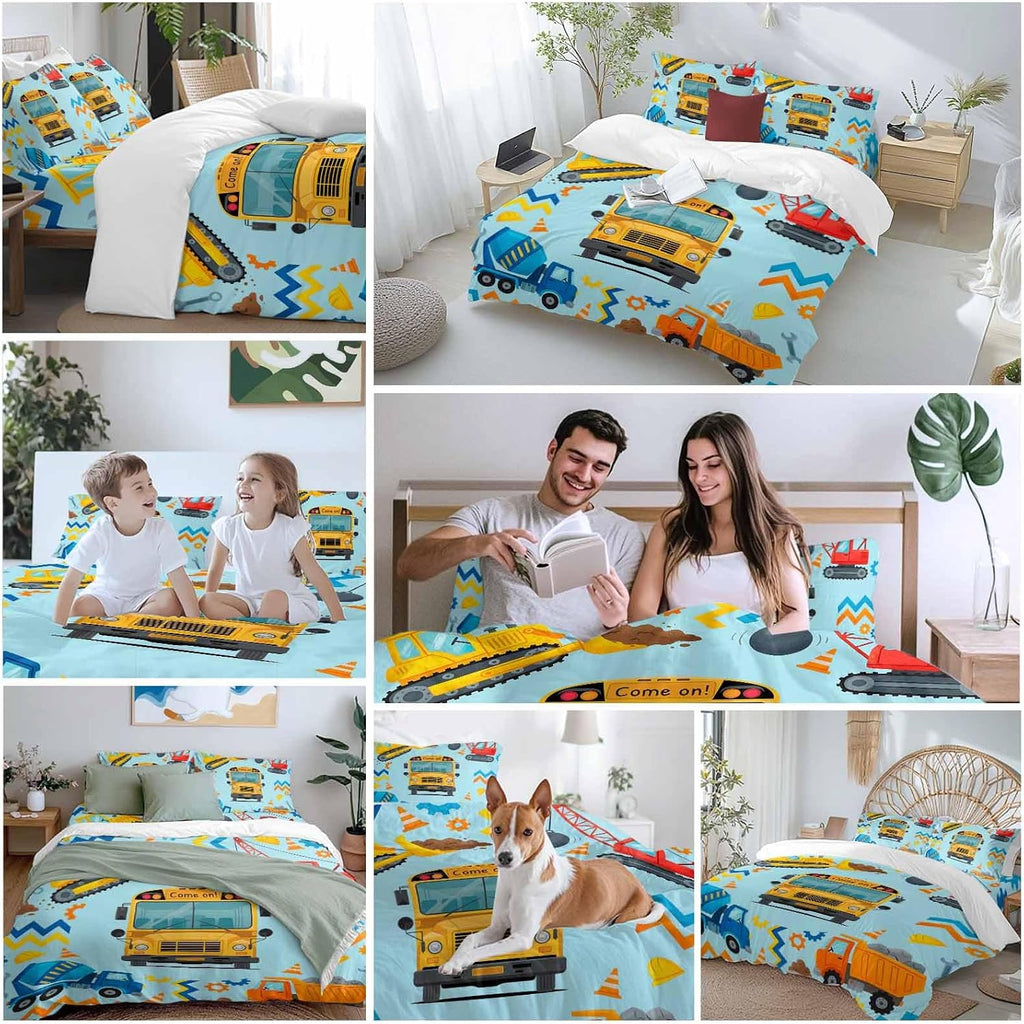 Prime Leader Cartoon Come on Duvet Cover Set Queen Size 4 Pieces Excavator Mixer Truck Wrench Helmet Blue Bedding Set with Zipper Closure, 1 Comforter Cover 86x86 Inches 1 Flat Sheet & 2 Pillow Cases