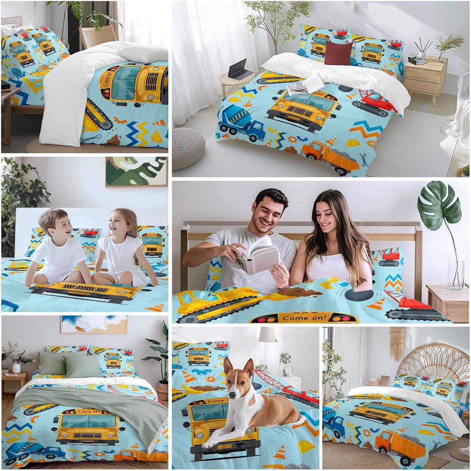 Prime Leader Cartoon Come on Duvet Cover Set Queen Size 4 Pieces Excavator Mixer Truck Wrench Helmet Blue Bedding Set with Zipper Closure, 1 Comforter Cover 86x86 Inches 1 Flat Sheet & 2 Pillow Cases