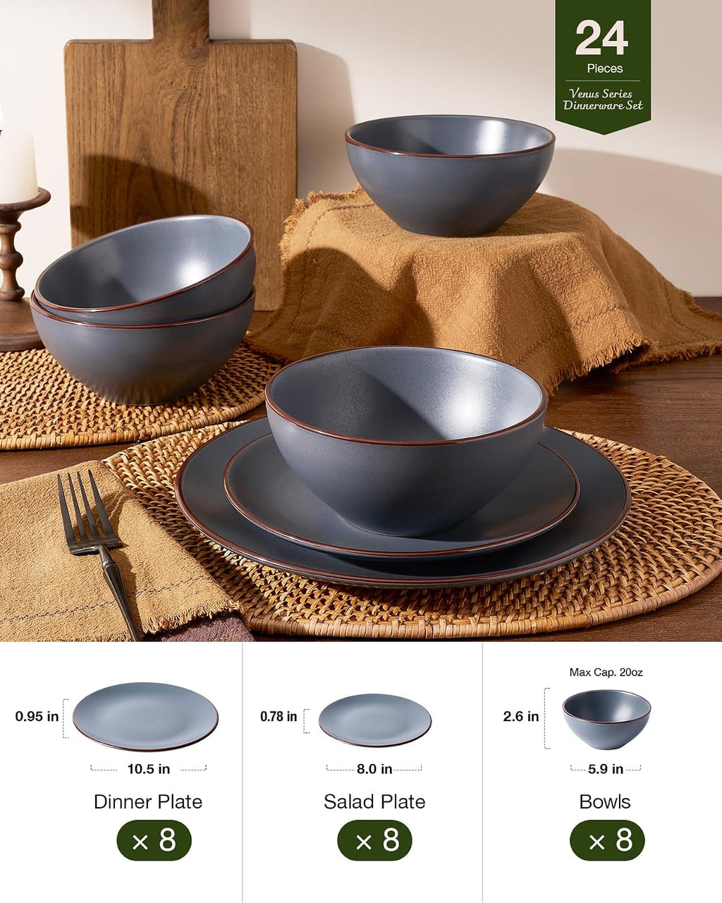 Famiware Venus Plates and Bowls Sets with Trim, 24 Pieces Speckled Stoneware Dinnerware Set for 8, Matte Charcoal - Microwave & Dishwasher Safe, Modern Minimalist, Dishes for Everyday & Formal Dining