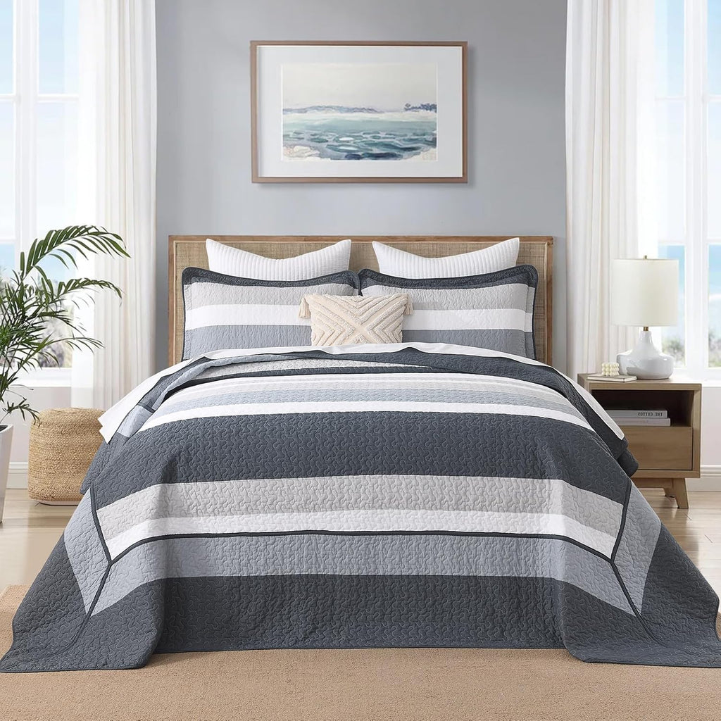 DDUOXIN Oversized Queen Bedspread 102' W x120 L - 100% Cotton California Quilt with 2 Pillow Shams, Simple Striped Design Lightweight Durable Bedding, Perfect for Modern Bedrooms, Blue/Gray/White