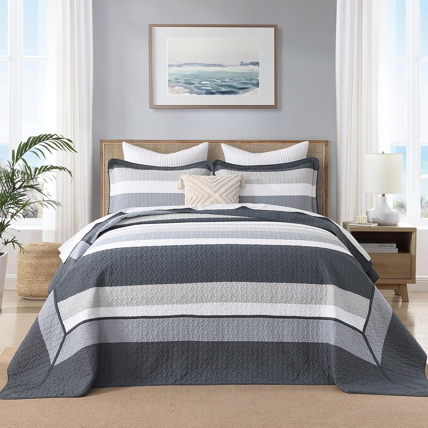 DDUOXIN Oversized Queen Bedspread 102' W x120 L - 100% Cotton California Quilt with 2 Pillow Shams, Simple Striped Design Lightweight Durable Bedding, Perfect for Modern Bedrooms, Blue/Gray/White