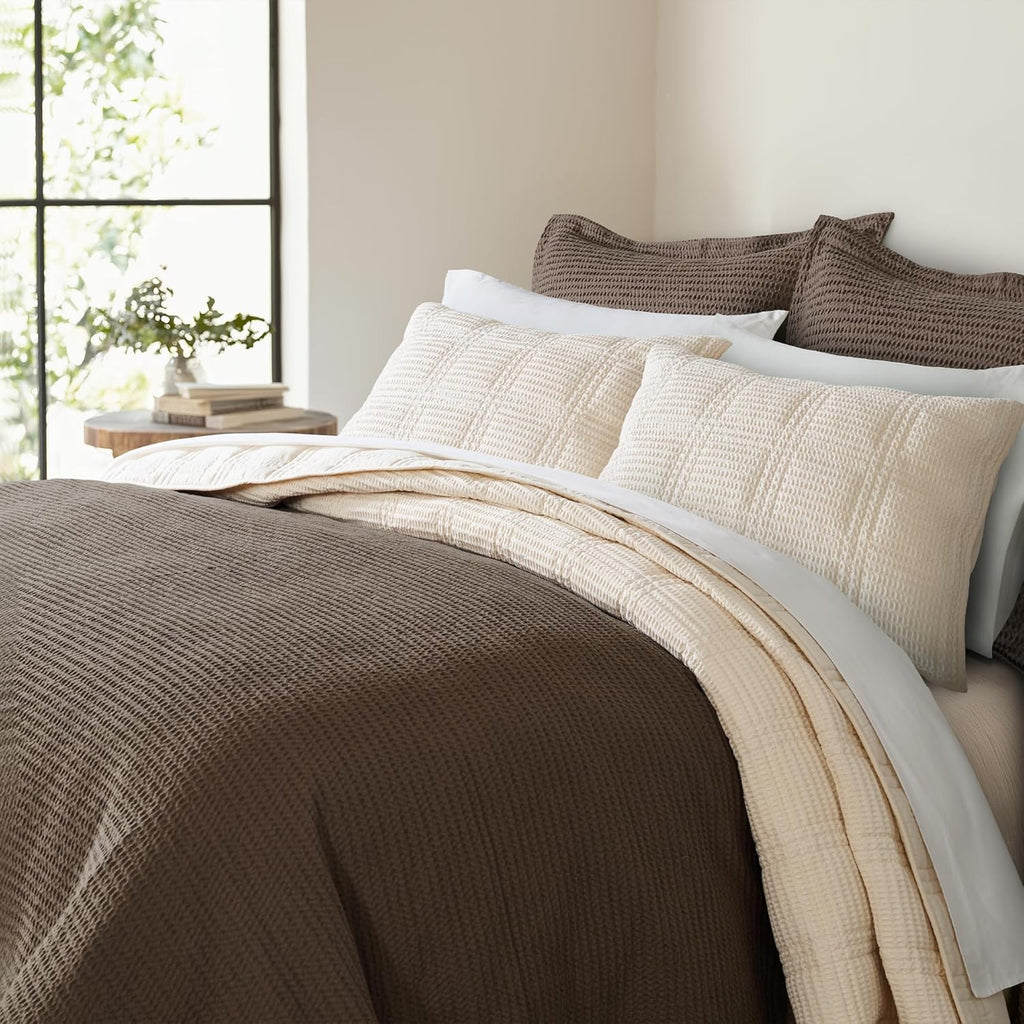 Levtex Home Cloud Waffle Full/Queen Quilt Set (88x92in) and 2 Pillow Shams (26x20) - Box Quilted Waffle Texture - Undyed Cream - Cotton Full/Queen Size Quilt Bedding Set - Lightweight Soft Pre-Washed