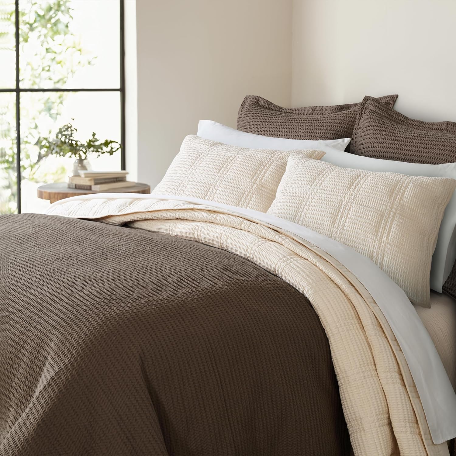 Levtex Home Cloud Waffle Full/Queen Quilt Set (88x92in) and 2 Pillow Shams (26x20) - Box Quilted Waffle Texture - Undyed Cream - Cotton Full/Queen Size Quilt Bedding Set - Lightweight Soft Pre-Washed