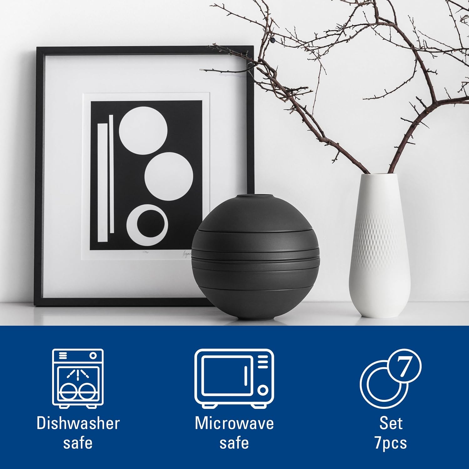 Villeroy & Boch Iconic Collection La Boule, 7-Piece Dinnerware Set for 2, Premium Porcelain, Made in Germany, Dishwasher and Microwave Safe, 9.5 x 9 in, Black