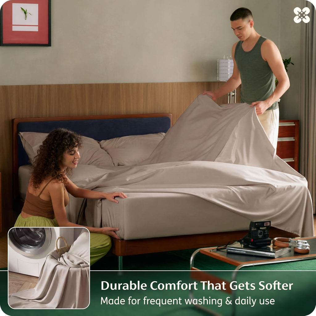 Bedsure Bamboo Viscose Cooling Sheets, Rayon Cotton Serene Blend, PureWoven, Breathable & Buttery Soft King Size Sheets Set, Deep Pocket Up to 18', Hotel Luxury Bedding for Hot Sleepers, Simply Taupe