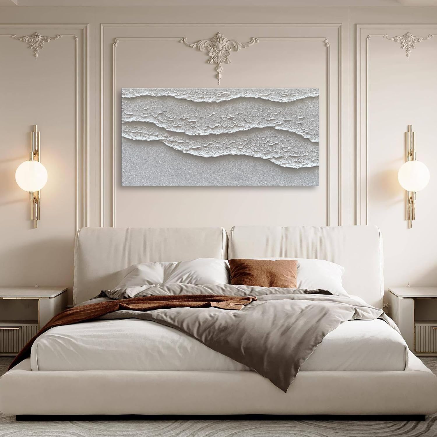 NANKAI Art White Waves Abstract Oil on Canvas Home Wall Deco Art 24x48 inch Minimalist Art Oil Painting