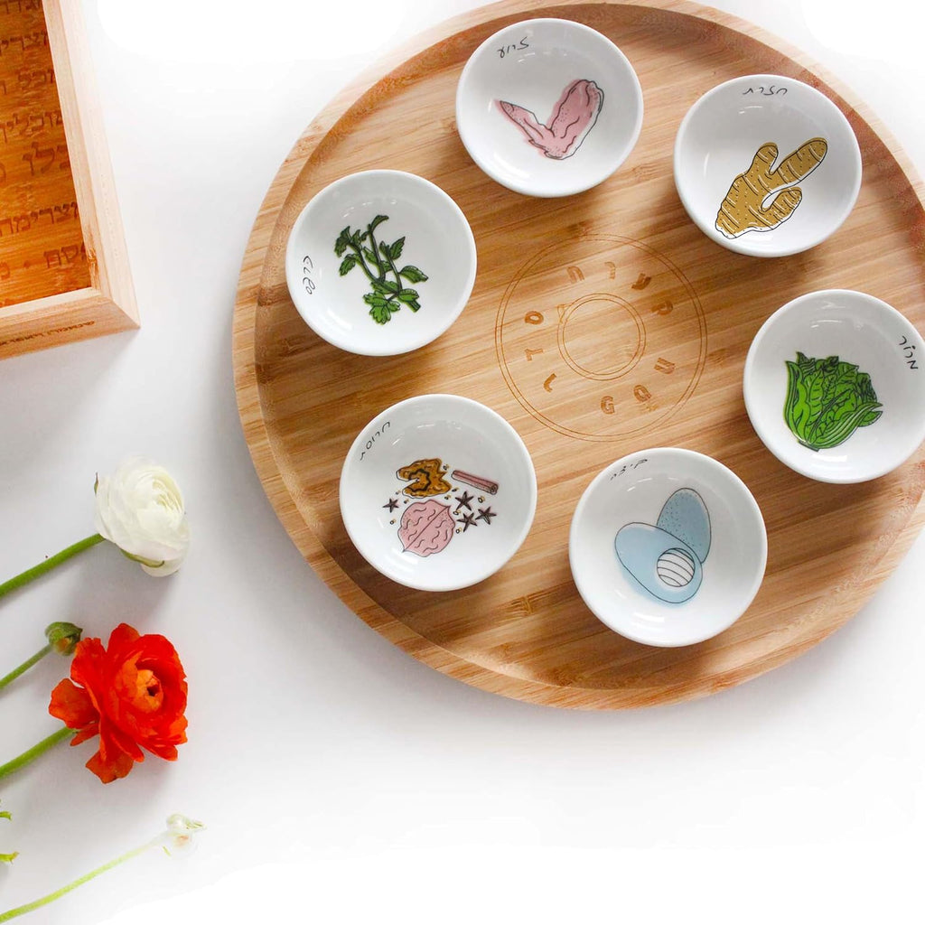 13' Hand Made Large Passover Seder Plate with 6 Colorful Ceramic Bowls, Bamboo Passover Sedar Plate Set, Giftable Packaging, Jewish Holiday and Traditional Table Decorations Gift