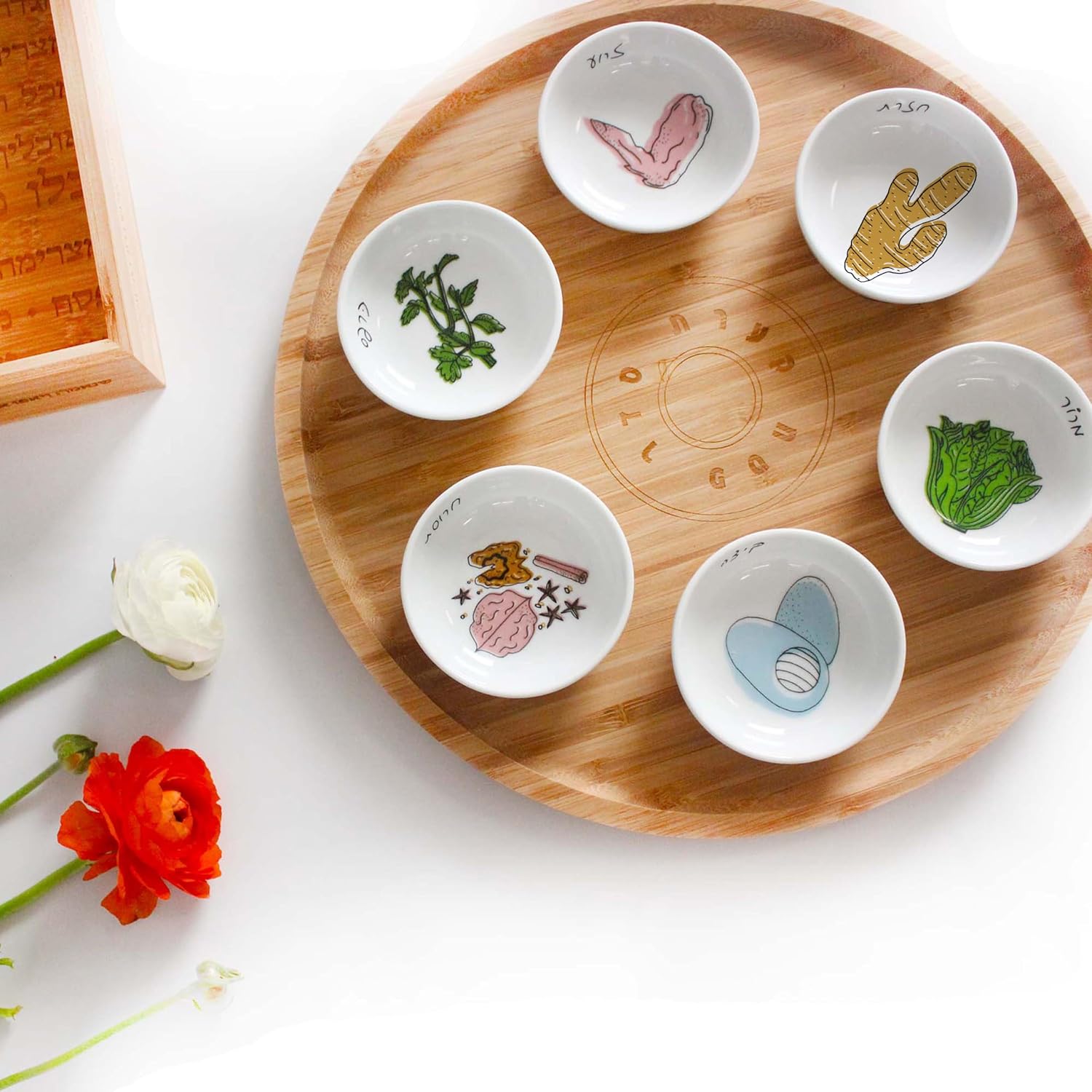 13' Hand Made Large Passover Seder Plate with 6 Colorful Ceramic Bowls, Bamboo Passover Sedar Plate Set, Giftable Packaging, Jewish Holiday and Traditional Table Decorations Gift