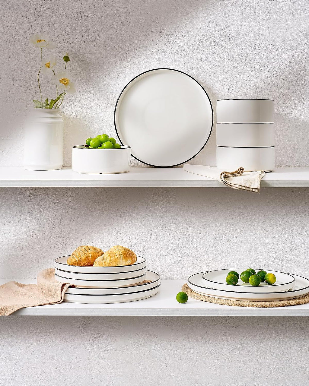 Famiware Porcelain Dinnerware Set, 24-Piece Modern Plate and Bowl Set, dish set for 8, Microwave and Dishwasher Safe Tableware, White with Black Trim