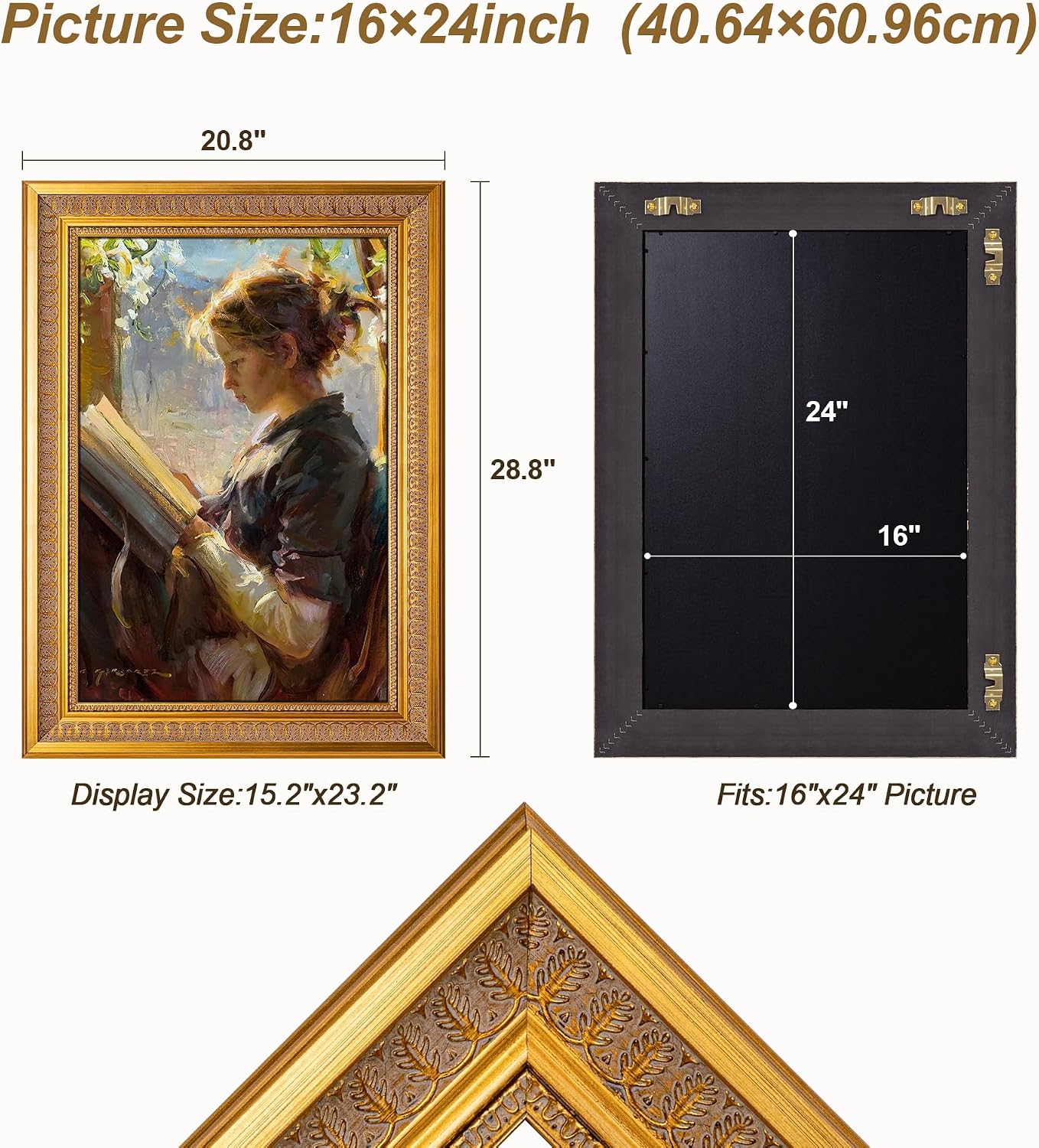 ArtXO 16x24 Gold Picture Frames Vintage with Shatter Resistant Plexiglass - Ornate Photo Poster Wall Art Decor