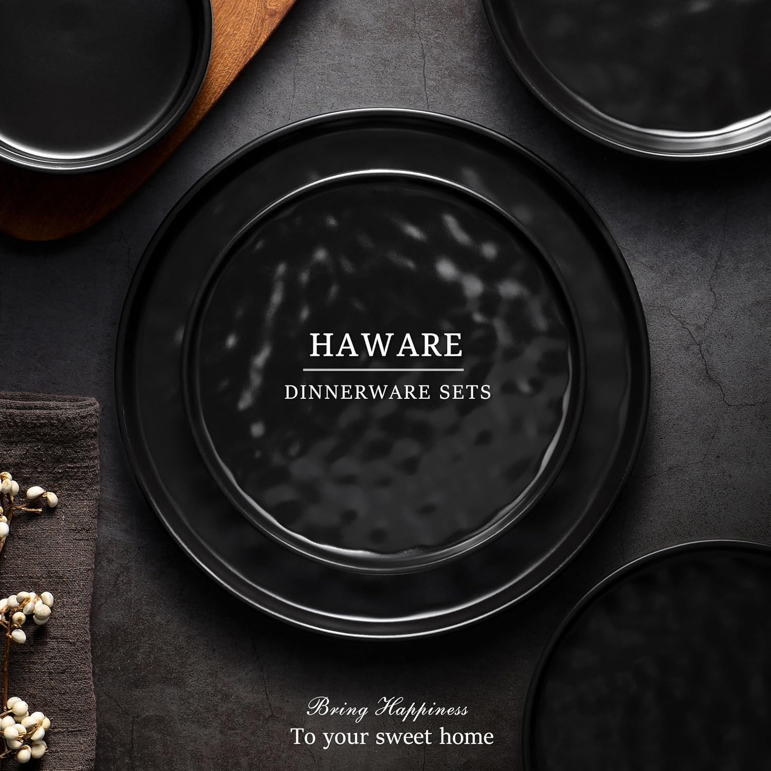 HaWare Dinnerware Sets, 24-Piece Plates and Bowls Set, Stoneware Dish Set for 8, Ceramic Dinnerware for Home Restaurant, Chip and Scratch Resistant, Microwave and Dishwasher Safe, Matte Black