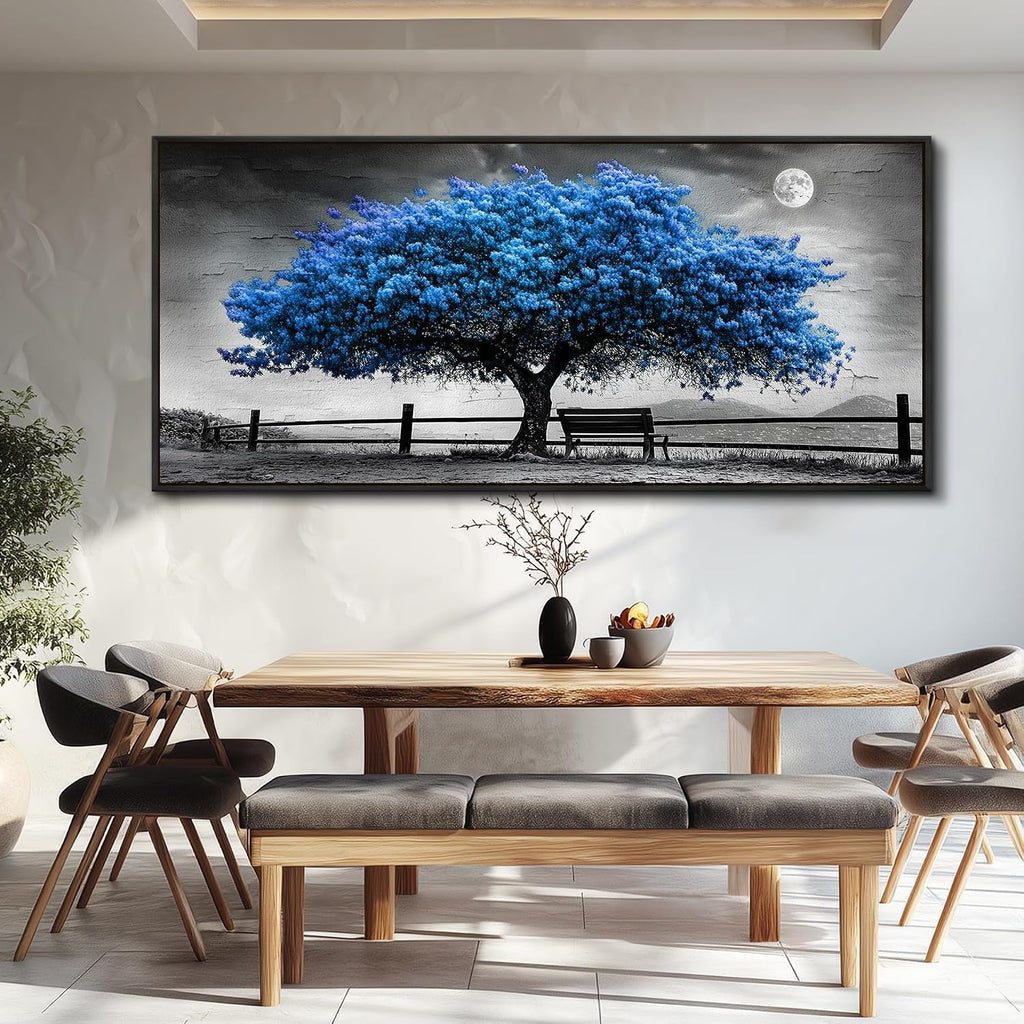 FUHAIHUA Canvas Wall Art For Living Room Large Wall Decor For Office Bedroom Decorations Black And White Landscape Pictures Blue Tree Painting Artwork Room Wall Mural Aesthetic Home Decor 32x72 In