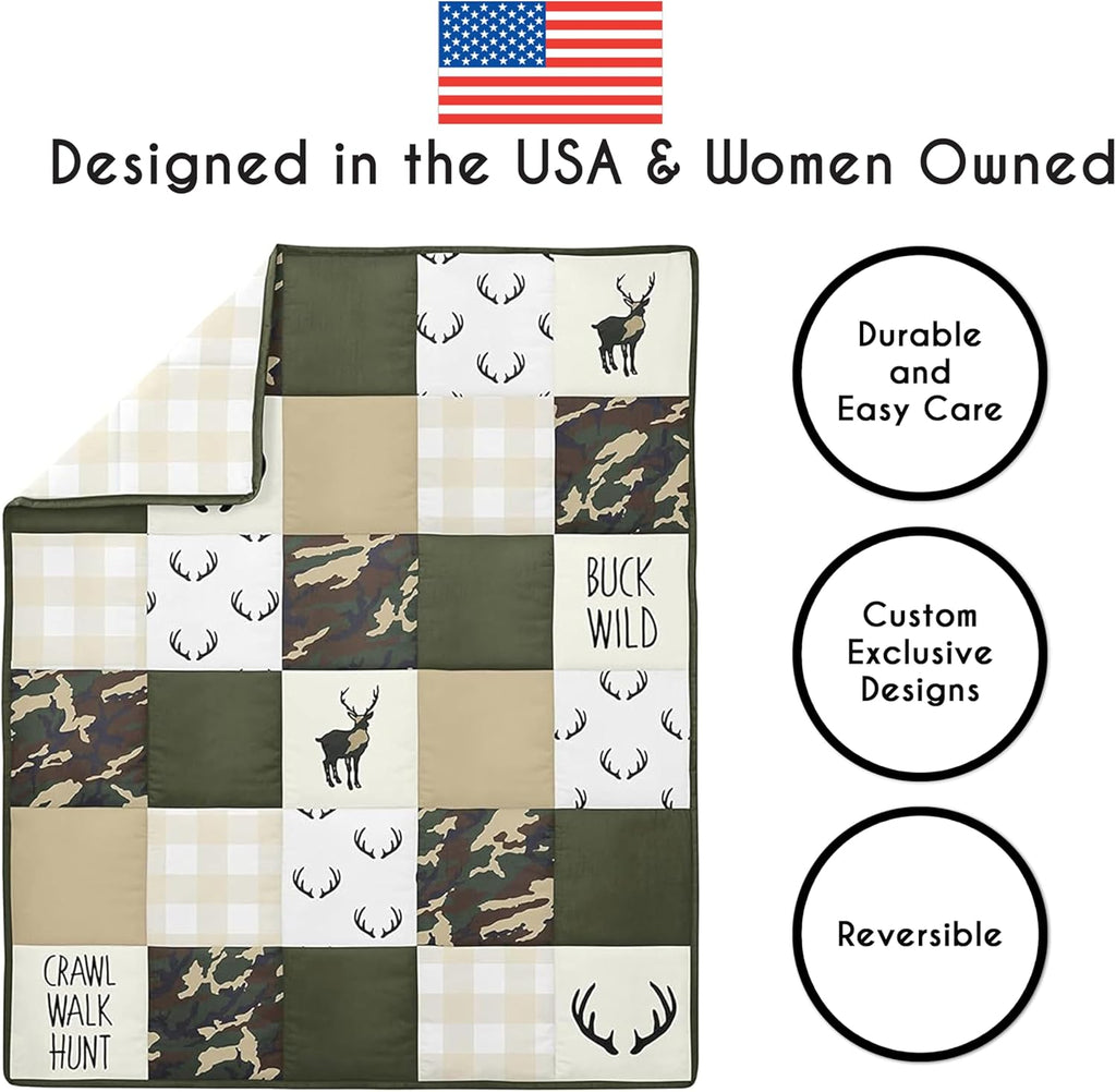 Sweet Jojo Designs 4-Piece Baby Crib Bedding Set (Woodland Camo Deer) for Boys, Infants/Nursery incl. Blanket, Fitted Sheet, Skirt, Diaper Stacker (Forest Green, Camouflage, Rustic, Stag, Beige Plaid)