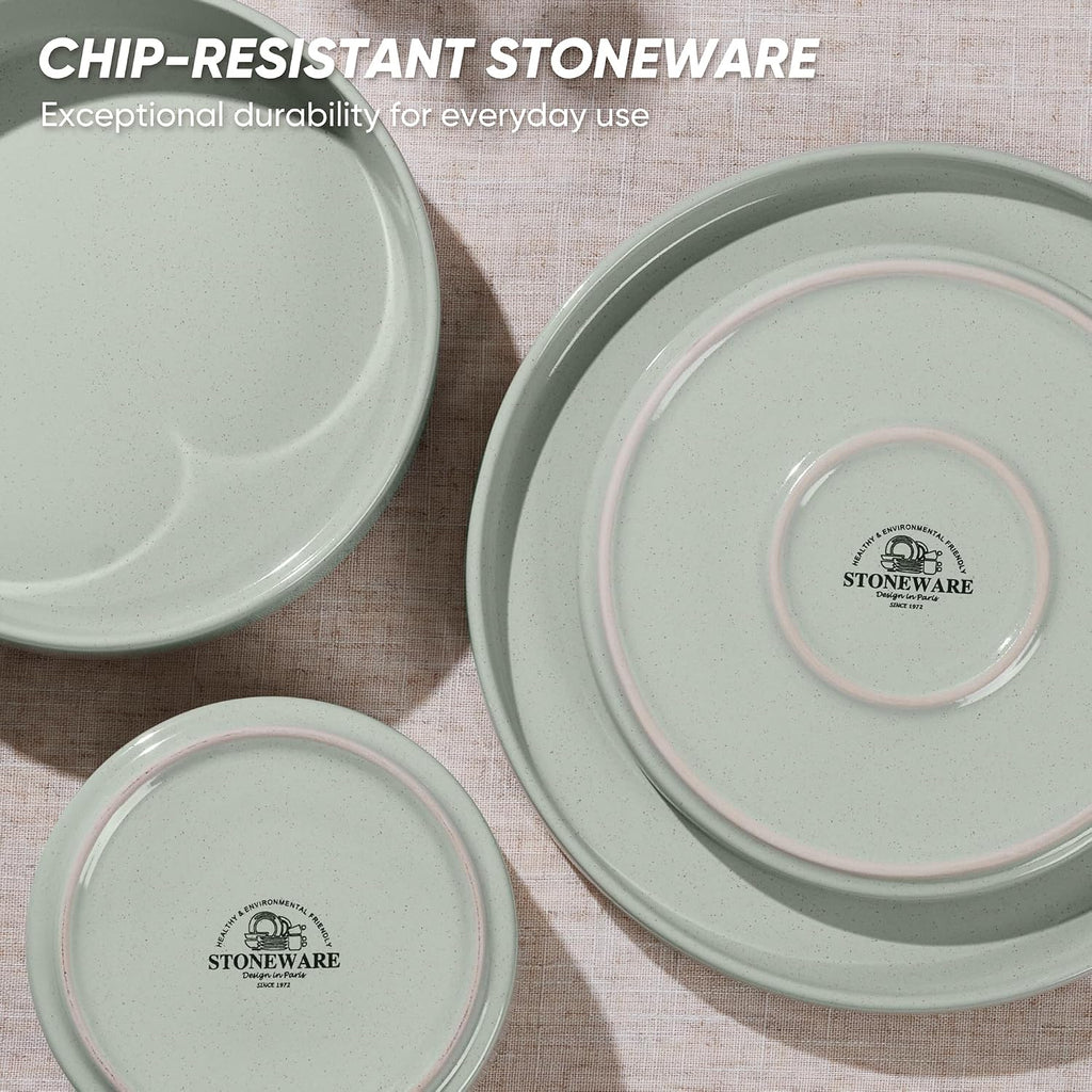 E-far Dinnerware Sets with Pasta Bowls, 24-Piece Stoneware Plates and Bowls Sets for 6 | Microwave & Dishwasher Safe Kitchen Modern Dish Set, Speckled Green