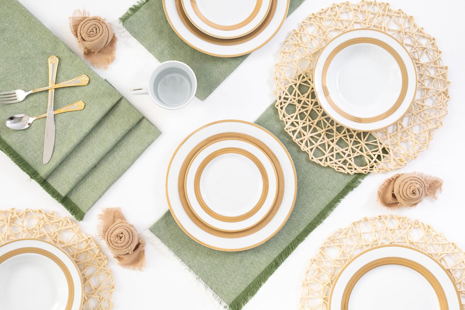 32 Piece Luxurious Dinnerware Sets – Service for 8 Plates and Bowls – White and Gold Rope Design Dish Set for Kitchen Table, Everyday Dining or Formal Use (Rope Gold)