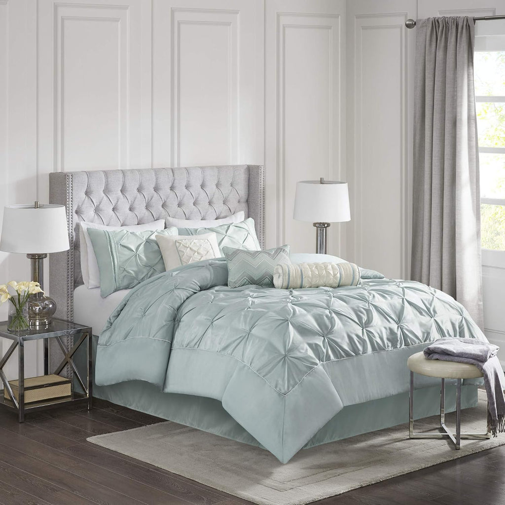 Madison Park Laurel Cal King Size Bed Comforter Set Bed In A Bag - Seafoam , Wrinkle Tufted Pleated – 7 Pieces Bedding Sets – Faux Silk Bedroom Comforters