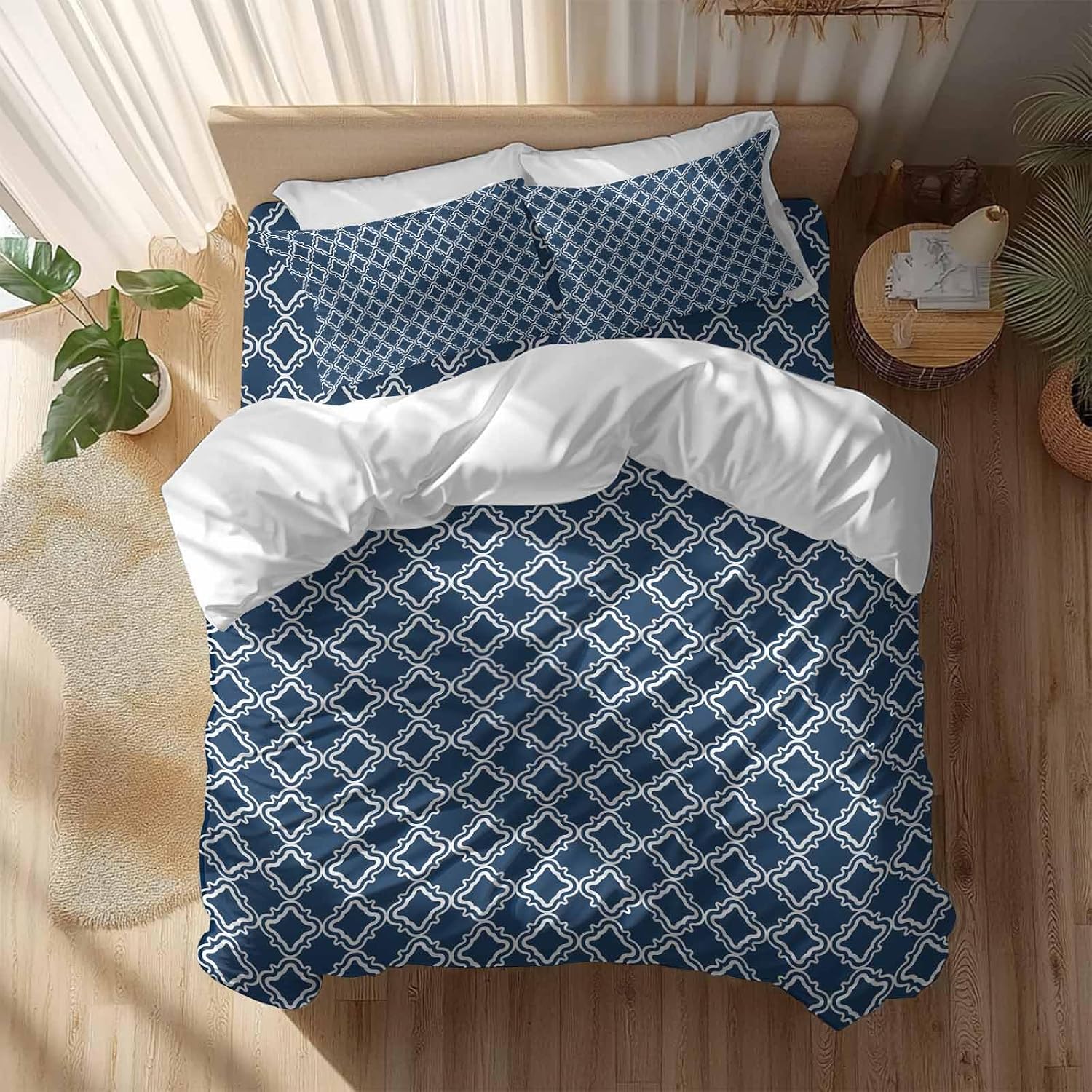 Prime Leader Blue White Plaid Duvet Cover Set Queen Size 4 Pieces Abstract Blue Morocco Texture Bedding Set with Zipper Closure, 1 Comforter Cover 90x92 Inches 1 Flat Sheet & 2 Pillow Cases