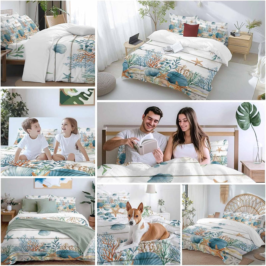 Marine Life Duvet Cover Set Queen Size 4 Pieces Vintage Shell Starfish Coral Eucalyptus Leaves Wood Grain Bedding Set with Zipper Closure, 1 Comforter Cover 86x86 Inches 1 Flat Sheet & 2 Pillow Cases