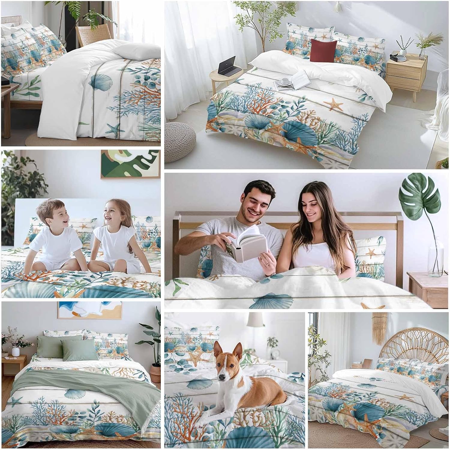 Marine Life Duvet Cover Set Queen Size 4 Pieces Vintage Shell Starfish Coral Eucalyptus Leaves Wood Grain Bedding Set with Zipper Closure, 1 Comforter Cover 86x86 Inches 1 Flat Sheet & 2 Pillow Cases